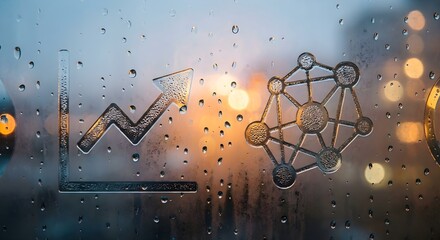 Financial growth and idea icons etched on a window with rain drops and city bokeh.
