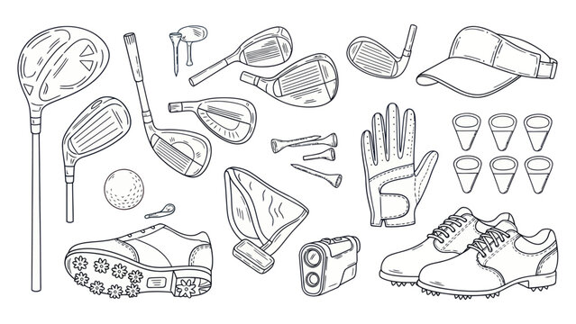 Golf equipment collection illustration detailed monochrome vector design elements