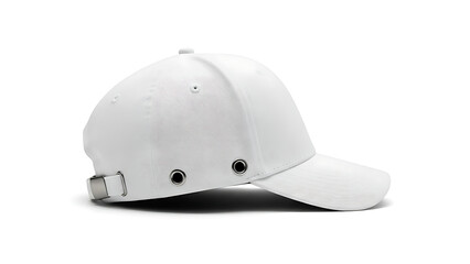 Fototapeta premium Side view of a blank white baseball cap with metal ventilation eyelets isolated on white background. 