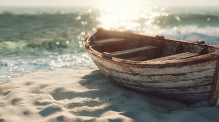 An old rowboat rests on the sandy beach with sunlight glistening on the water. The weathered wood of the boat speaks of journeys taken and memories made