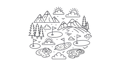 Golf course line art design with mountains sun and clouds