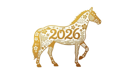 Fototapeta premium Elegant Gold Horse Illustration Featuring the Year 2026 with Floral and Decorative Elements