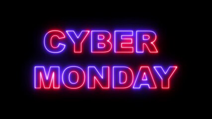 Neon sign displaying CYBER MONDAY Sale. A futuristic 3d rendered cyber monday neon sign, promoting digital sales, casts a vibrant electric blue glow and dramatic shadow against a dark black background