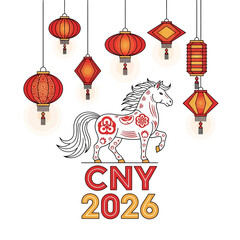 Festive Chinese New Year 2026 celebration with paper lanterns and a decorative horse