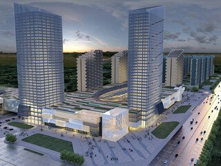 Modern Urban Skyline with High-Rise Towers at Dusk. 3D Rendering