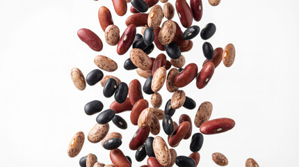 Different types of dry beans falling on white background