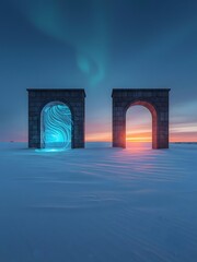 Surreal Winter Landscape with Two Glowing Portals Choosing Between Fire and Ice
