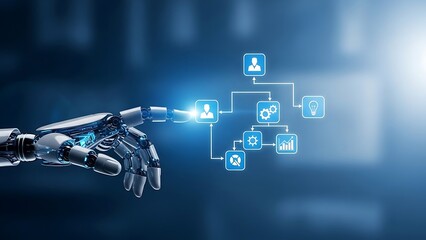 A futuristic robotic hand interacting with a glowing blue flowchart in a dark technological environment with bright light