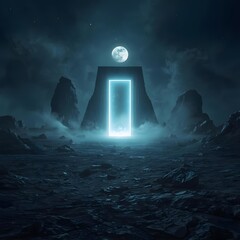 Surreal Night Scene Featuring a Glowing White Doorway and Full Moon in Fog