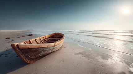 A weathered rowboat rests on the sandy shore, bathed in the tranquil light of the sun, with calm sea as background