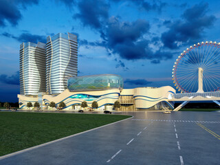 Modern Urban Skyline with High-Rise Towers at Dusk. 3D Rendering