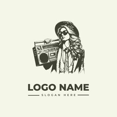 A black and white illustration of a woman wearing sunglasses and a hat, holding a boombox, with a logo and slogan text on a plain background, in a vector style.