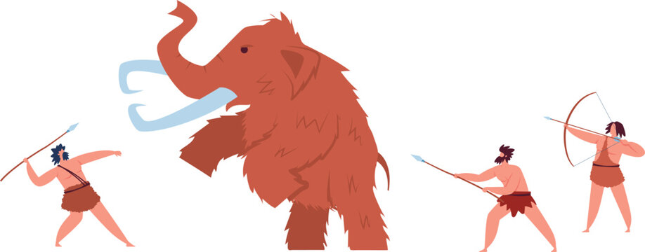 Prehistoric cavemen hunting woolly mammoth with spears and bow