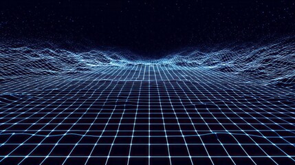 Illuminated digital landscape recedes toward a horizon featuring undulating terrain lines against a dark starry expanse