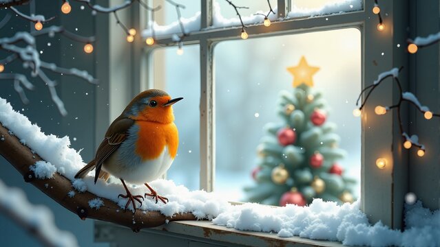 Children&rsquo;s book / soft storybook style: `Gentle children&rsquo;s book postcard image of a robin perched on a snowy branch outside a cottage window, inside you can see a small decorated Christmas tree, dream