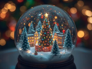 Festive Christmas Snow Globe with an Illuminated Village and Snowy Pine Trees