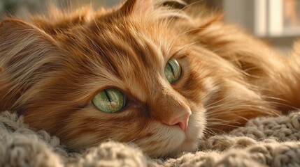 A fluffy ginger cat, with bright green eyes, is curled up peacefully on a soft, knitted blanket by a sunlit window. Its fur is exquisitely detailed, showing individual strands and the rich color varia