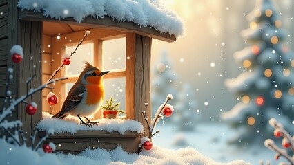 Children’s book / soft storybook style: `Gentle children’s book postcard image of a robin perched on a snowy branch outside a cottage window, inside you can see a small decorated Christmas tree, dream