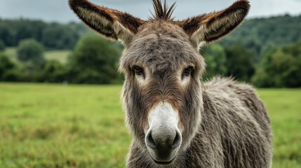 Fototapeta premium A gentle and endearing donkey standing peacefully in a lush green pasture, with soft, dappled sunlight filtering through distant trees.