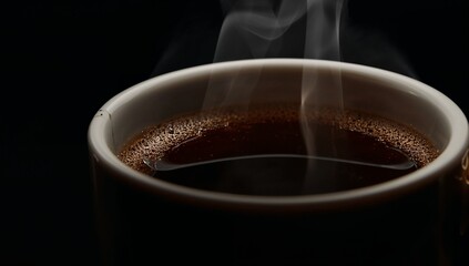 Close-up of a hot black coffee cup with gentle steam rising, captured in moody low-key lighting. Minimal, cinematic style conveying warmth, freshness, and a calm coffee moment.