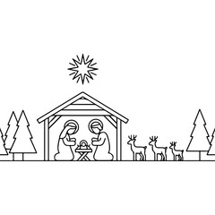 Christmas nativity scene line art, holy family with Mary, Joseph, baby Jesus, star, stable, trees, reindeer