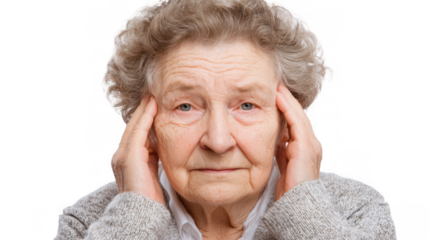 Close up of a thoughtful senior woman with grey hair and wrinkles, conveying the effects of aging and memory loss, isolated on a transparent background