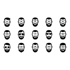Diverse collection of stylish bearded men icons with glasses, sunglasses, and different hairstyles, modern graphic design elements