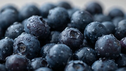 close-up of fresh ripe blueberries covered with water droplets, showcasing natural texture, freshness, and healthy organic fruit under soft natural light.