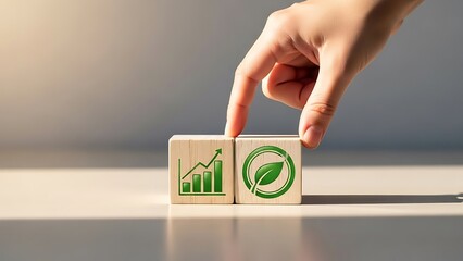 Hand placing a block with a green leaf logo next to a block with a green line graph on a table top