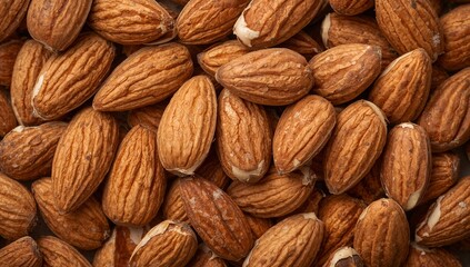 Close-up view of whole almonds in natural brown shells, highlighting rich texture and earthy tones. Healthy food concept, organic snack ingredient with detailed surface and natural pattern.