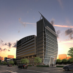 Modern Urban Skyline with High-Rise Towers at Dusk. 3D Rendering