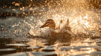 A duck splashes water in a pond during a golden hour sunset.