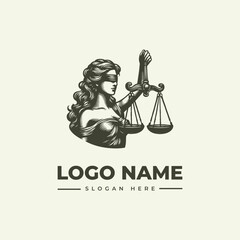 A grayscale illustration of a woman holding scales with a sword, representing justice, on a plain background with space for a logo name and slogan.