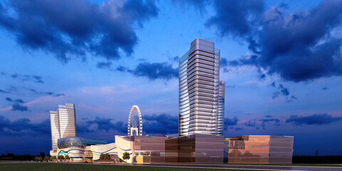 Modern Urban Skyline with High-Rise Towers at Dusk. 3D Rendering