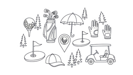 Golfing equipment illustration clubs ball cart and course elements © Adi