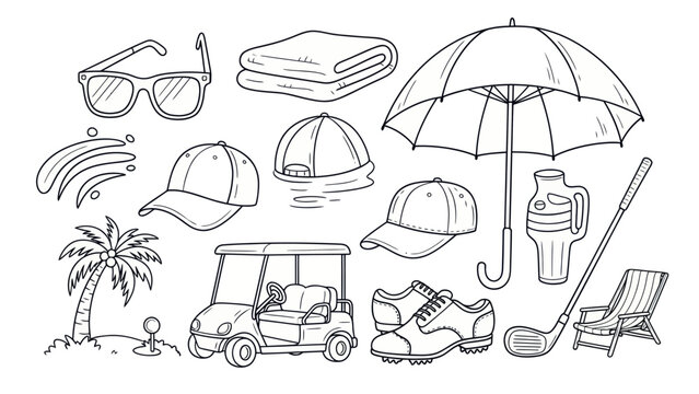 Golfing equipment and accessories outline black and white vector illustration