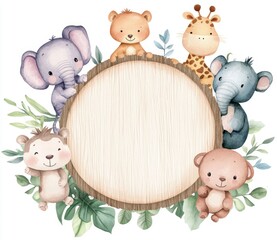 Obraz premium Watercolor Jungle Animals Circular Frame Illustration
