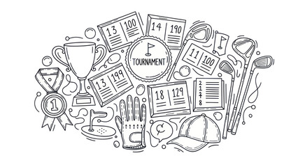 Golf tournament illustration trophy scorecards equipment and accessories