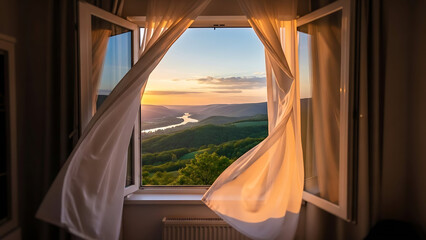 A serene landscape viewed through an open window with flowing curtains at sunrise
