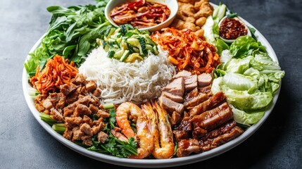 Fototapeta premium A diverse Vietnamese platter presenting various global food ingredients