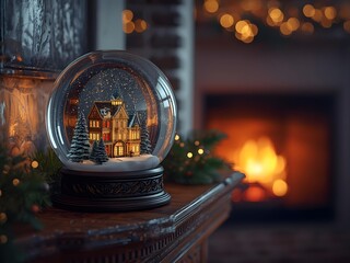 Cozy Christmas snow globe resting on a wooden mantelpiece with a warm roaring fireplace and holiday decor in the background