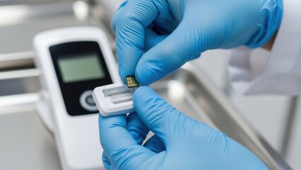 A person in blue gloves is handling a small chip, preparing it for use with a device on a table, suggesting a technical or medical application.