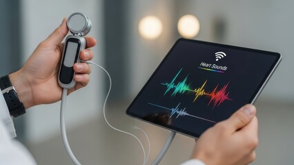 A person holds a digital stethoscope connected to a tablet displaying heart sound waveforms, showcasing modern healthcare technology.
