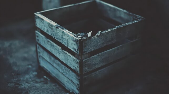A distressed wooden crate with splintered edges in dim light