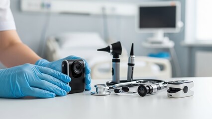A medical professional in gloves is handling a camera, surrounded by various medical instruments in a clinical setting.