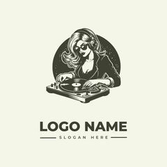 A vector illustration of a woman DJing with a logo and slogan text on a clean background.