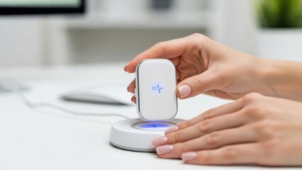 A hand places a small device onto a wireless charging pad, indicating modern technology in a minimalist workspace.