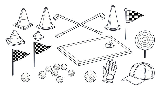Miniature golf equipment illustration cones flags golf balls and clubs