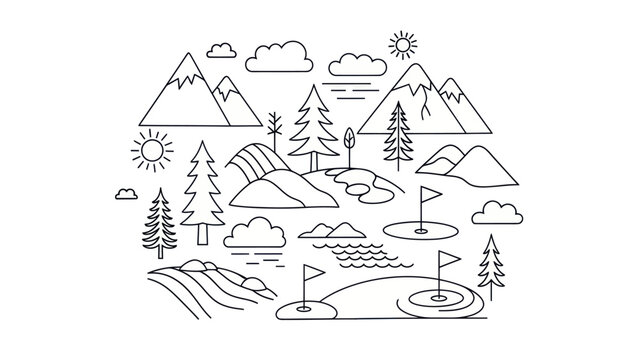 Minimalist golf course landscape illustration with mountains and trees