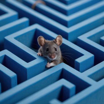 Small gray mouse peeking out from a blue maze with intricate pathways and walls